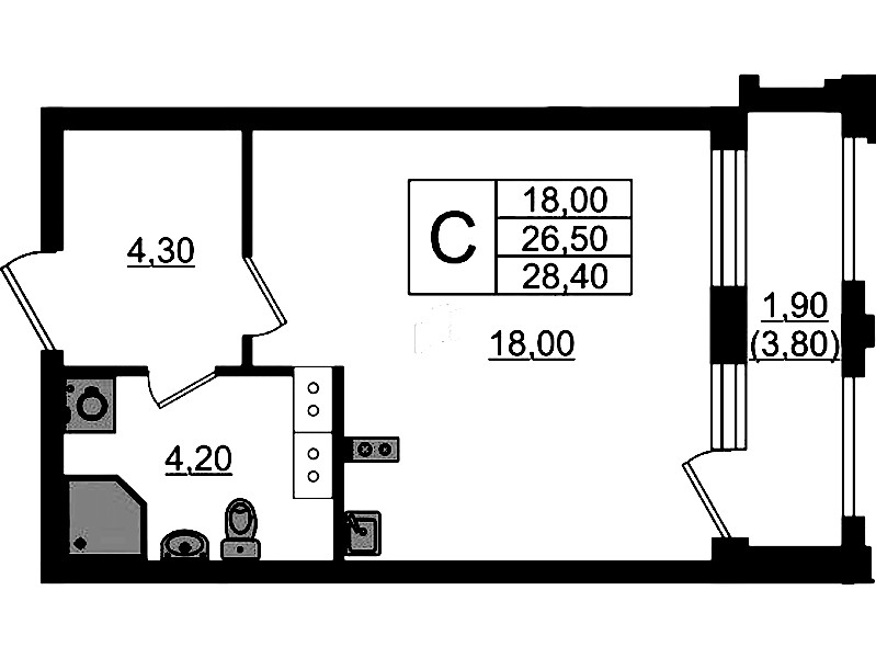 Квартира студия 28.4 м², 10/13 эт., ЖК «Тайм Сквер»